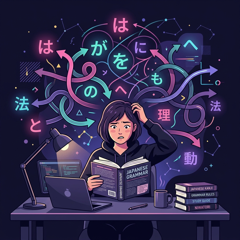 Japanese Grammar Confusion Illustration